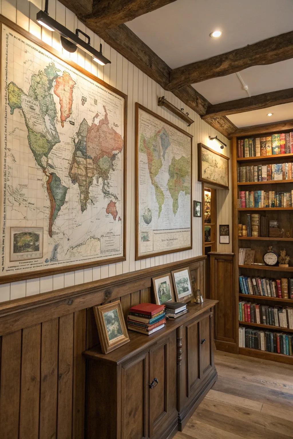Timeworn map art introduces historical charm to a country study.