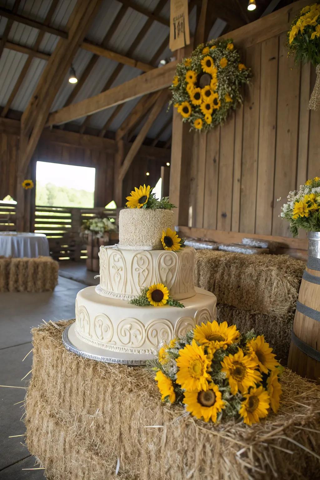 A hay bale base introduces a quirky charm to a countryside cake stand.