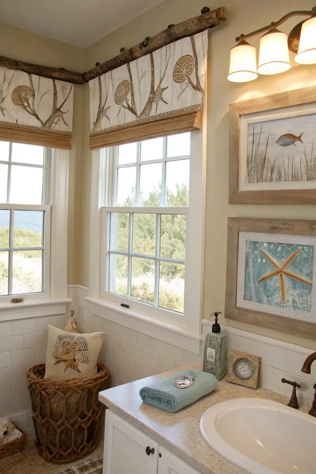 A beach-inspired bathroom featuring a driftwood valance that serves as a natural focal point.