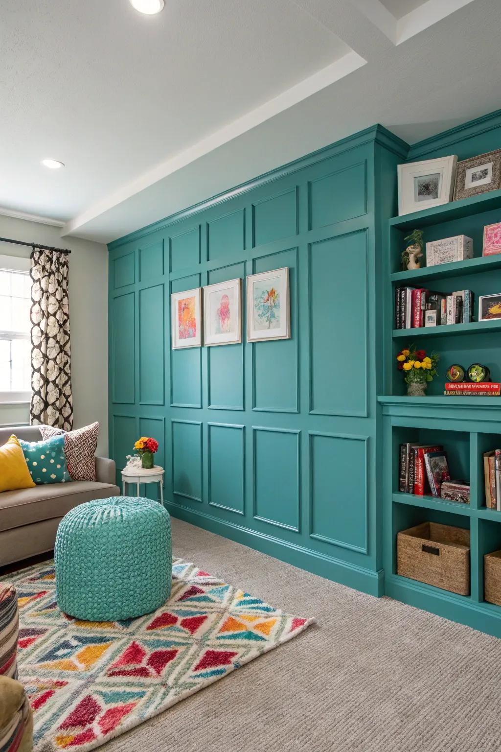 A burst of hue in paneling appends vim and vibrancy to the space.