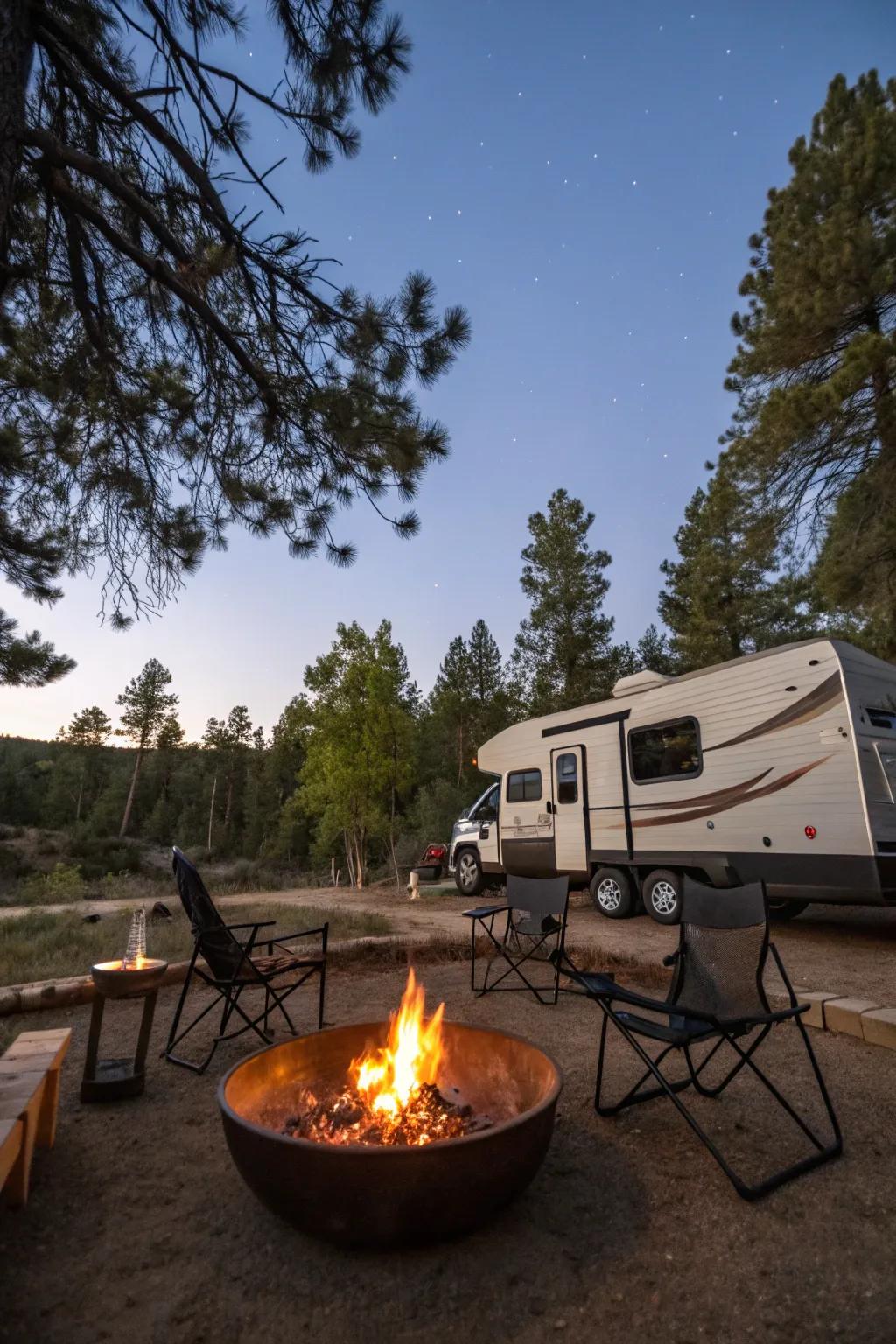 A surface fire feature offers warmth without the smoke.