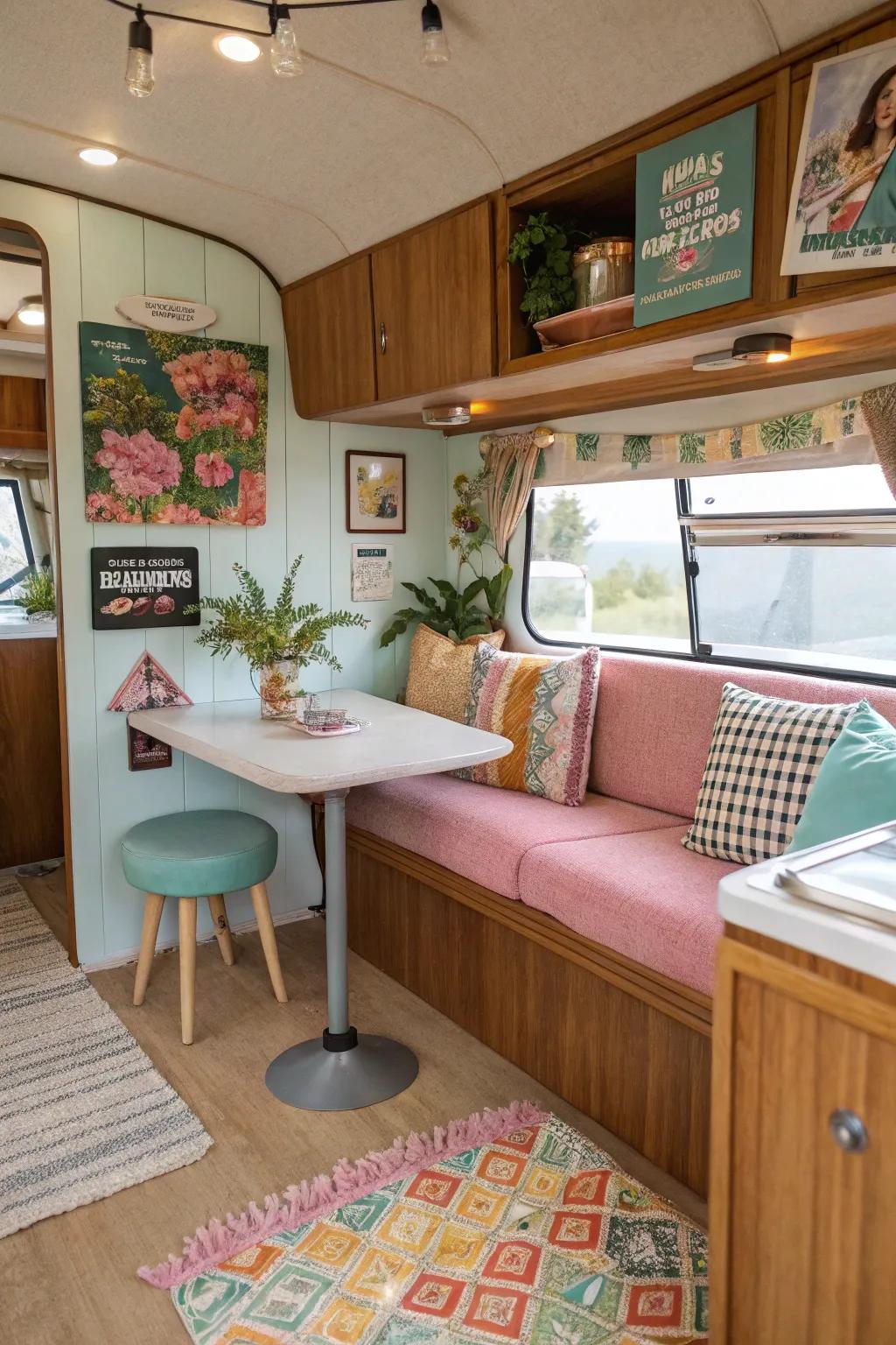 The mid-twentieth century modernistic aesthetic augments a retro flair that is evocative of the past within this recreational vehicle.