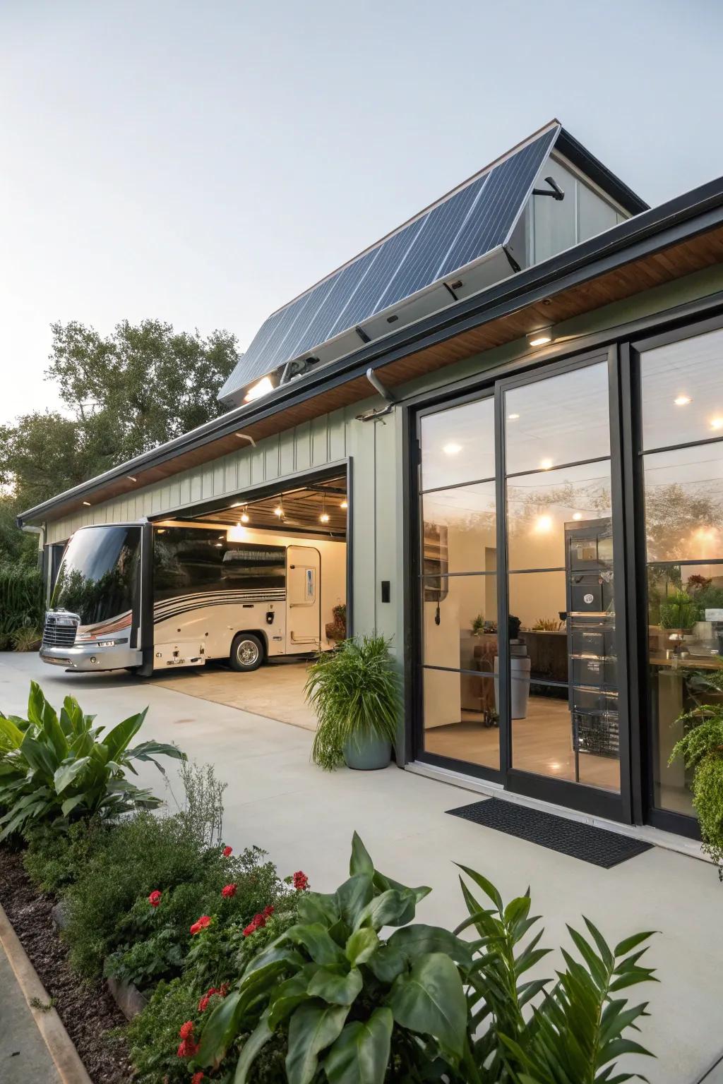 Green features such as solar panels included in an RV garage design.