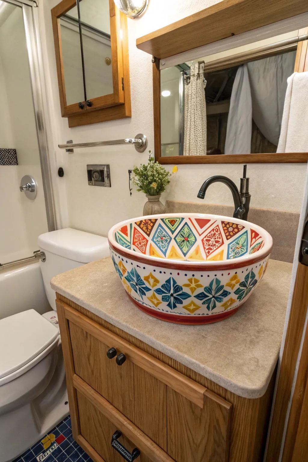 A patterned ceramic basin including character to an RV restroom.