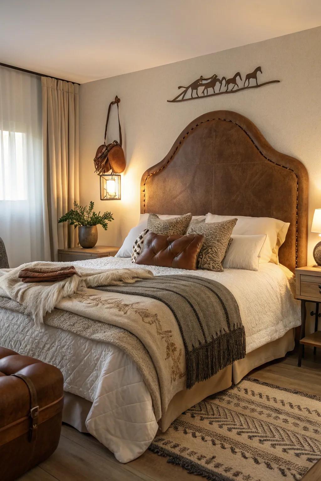 An equine seat-themed headboard brings Western appeal to this cozy bedroom.