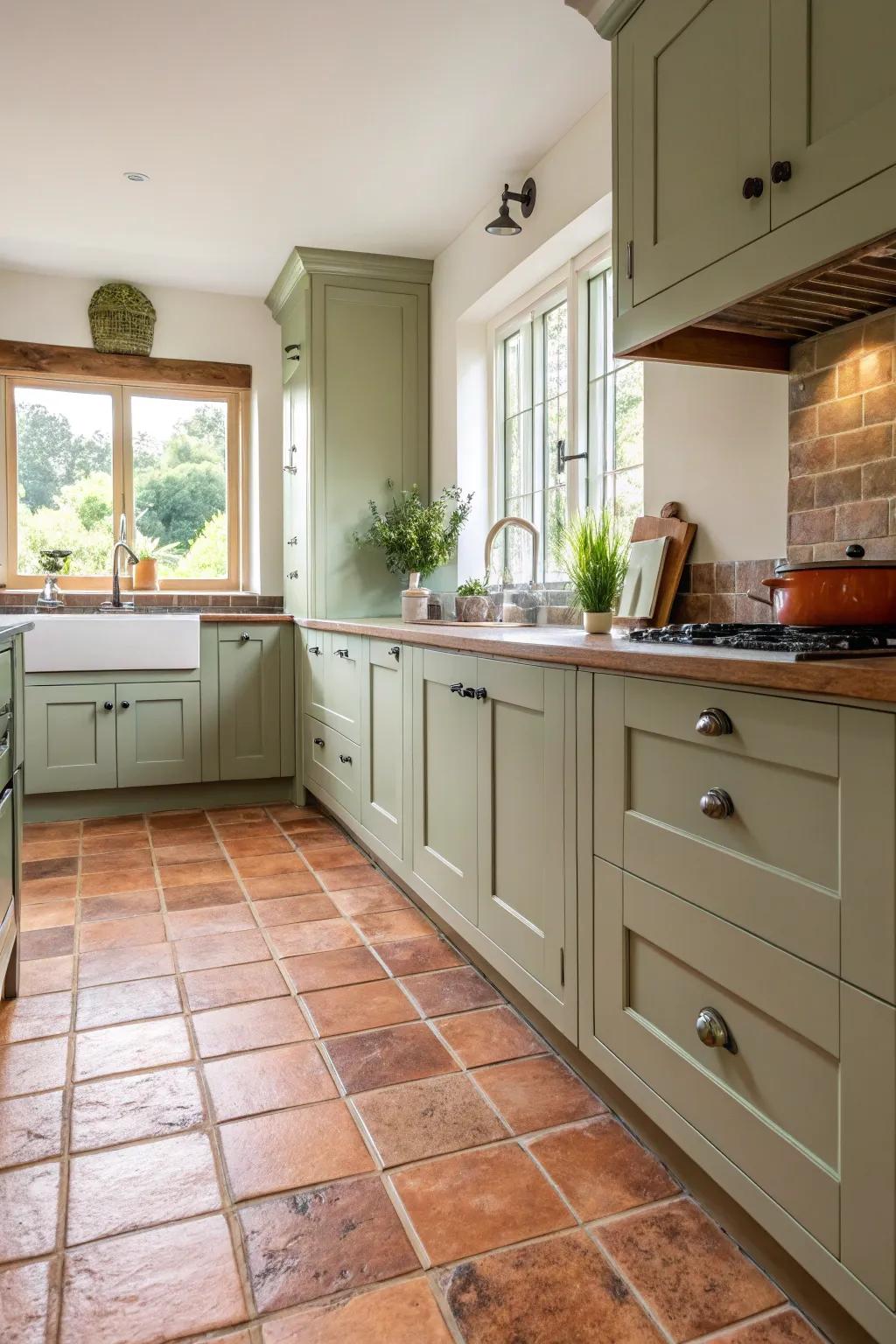 Earthenware tiles append warmth to the sage green kitchen.