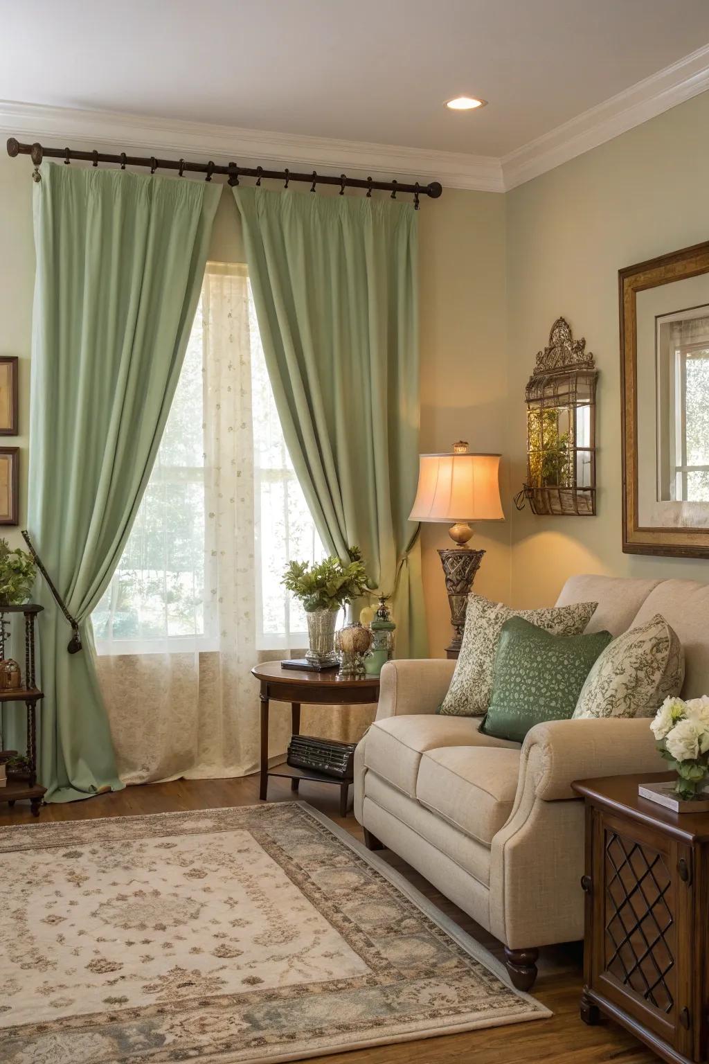 Sage green accents unify and enhance the room's soothing palette.