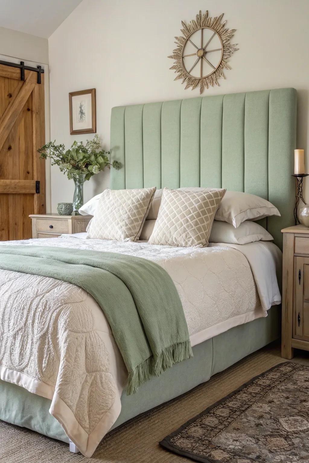 A bedroom centered around a luxurious misty green headboard.