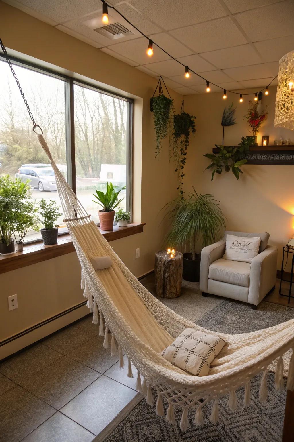 A hanging bed adds an element of surprise and relaxation.