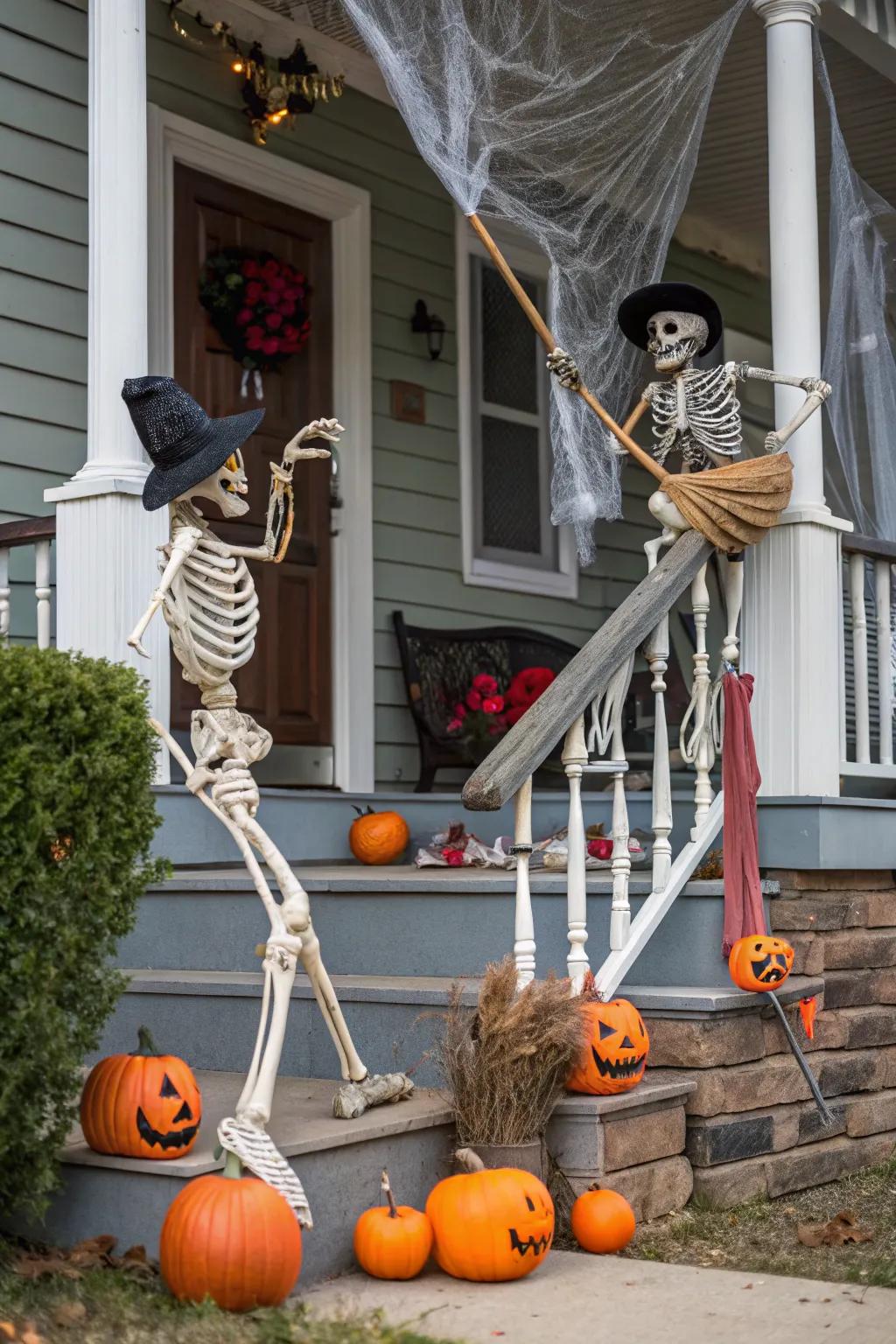 Interactive skeletons impart humor to the spooky veranda arrangement.