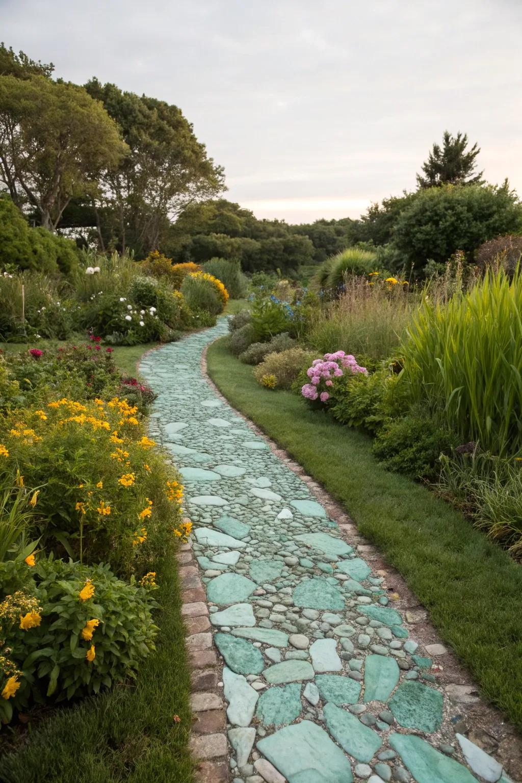 Sea glass garden paths guide guests with a touch of elegance.