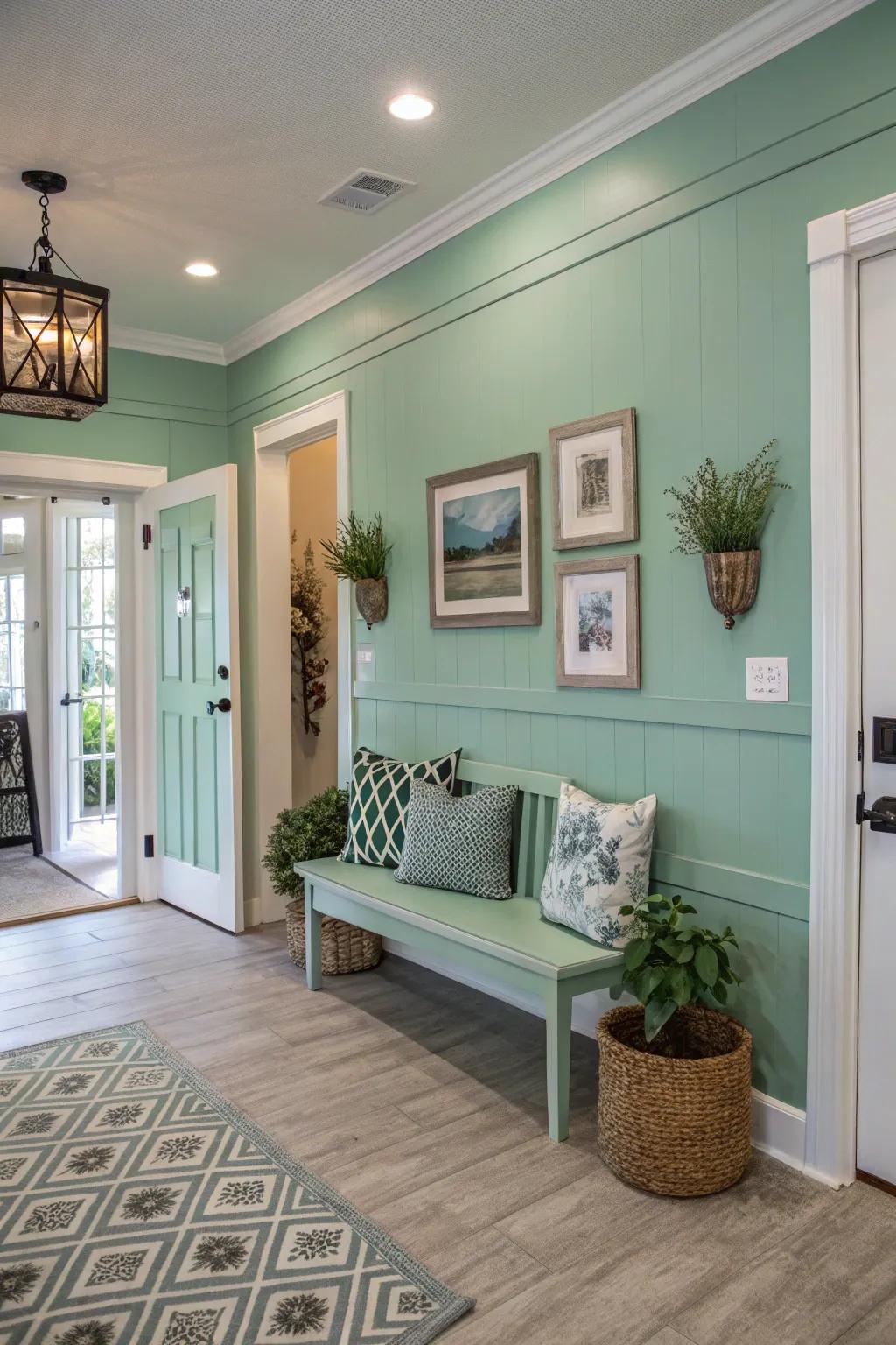 An inviting entryway with calming seafoam green walls.