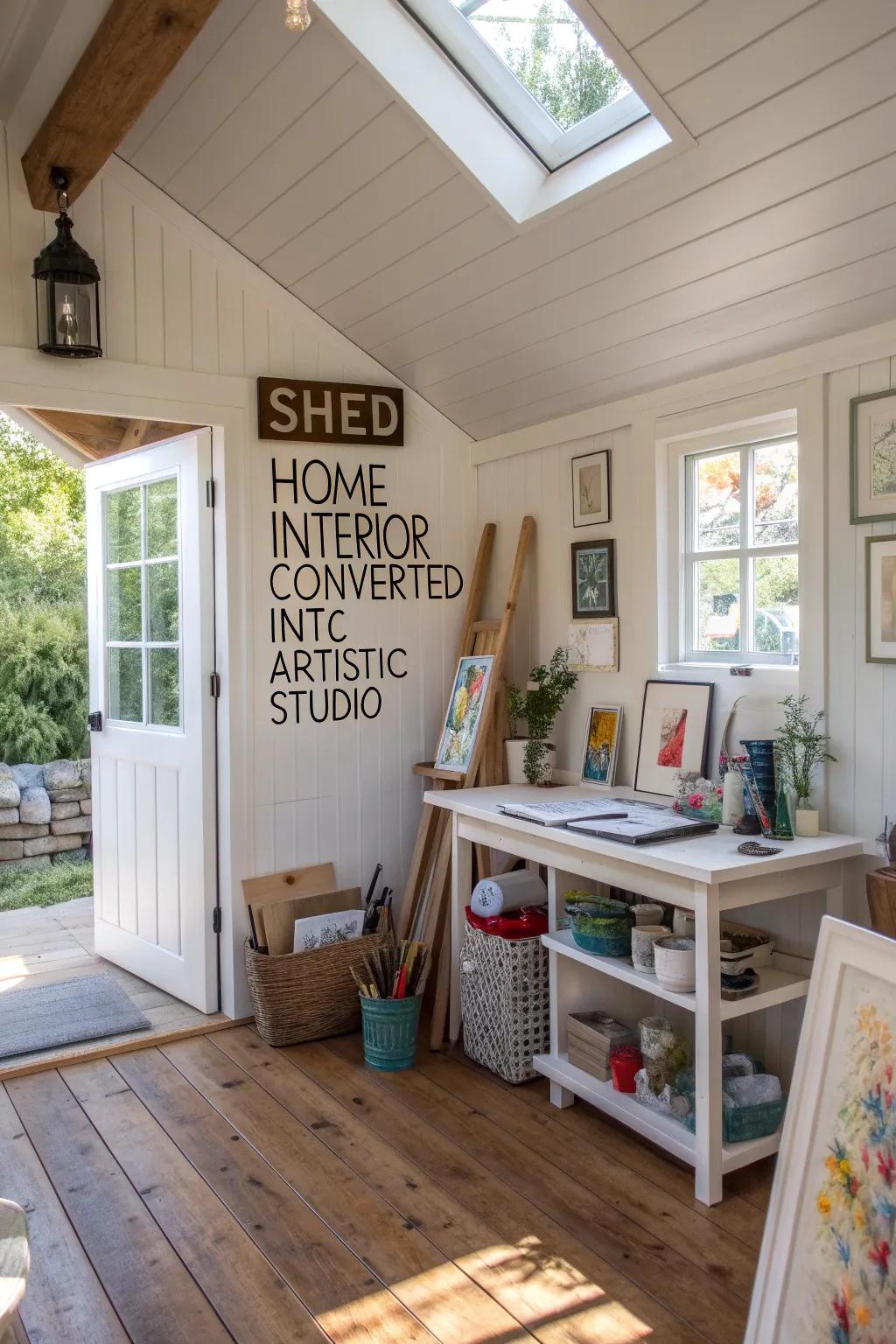 A shed dwelling interior transmuted into an artistic studio sanctuary.