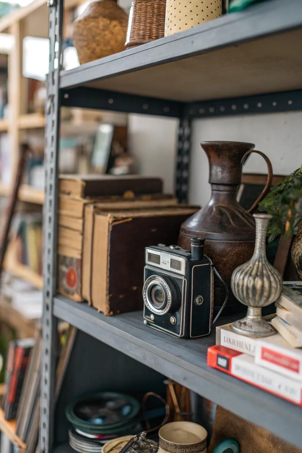 Unexpected items like an old camera add intrigue to the shelf.