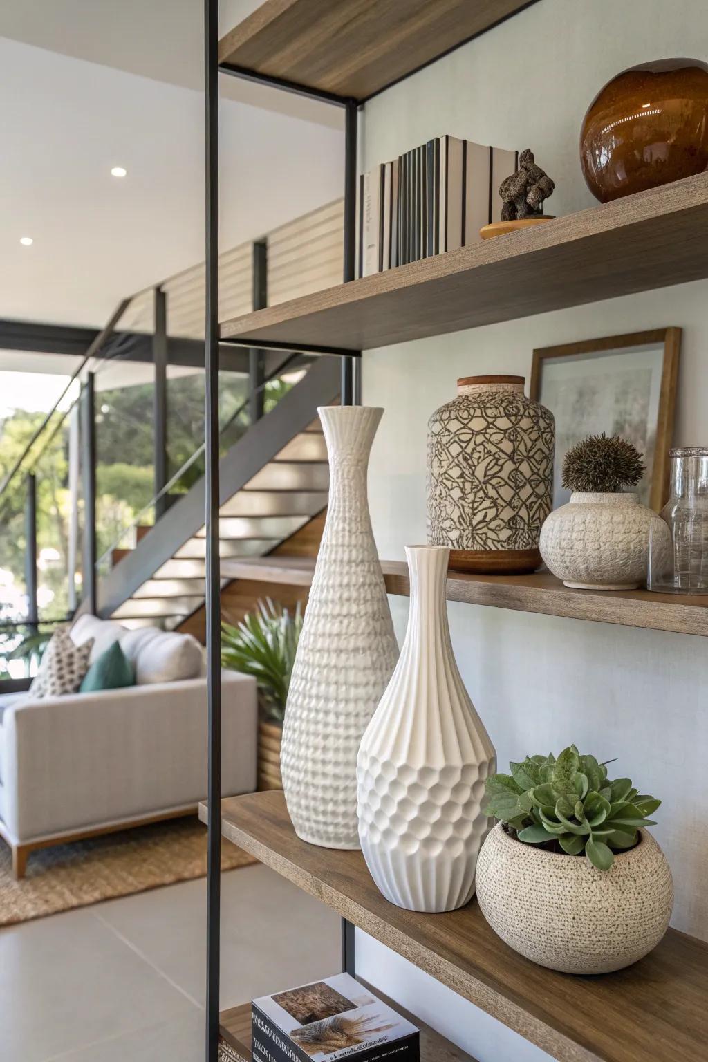 Varying article elevations appends visual fascination to shelves.