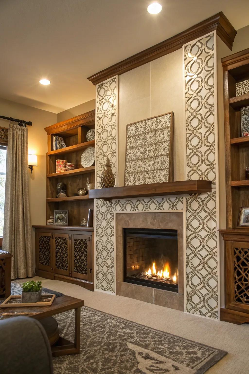 Geometric patterns on the shelves add a modern twist.