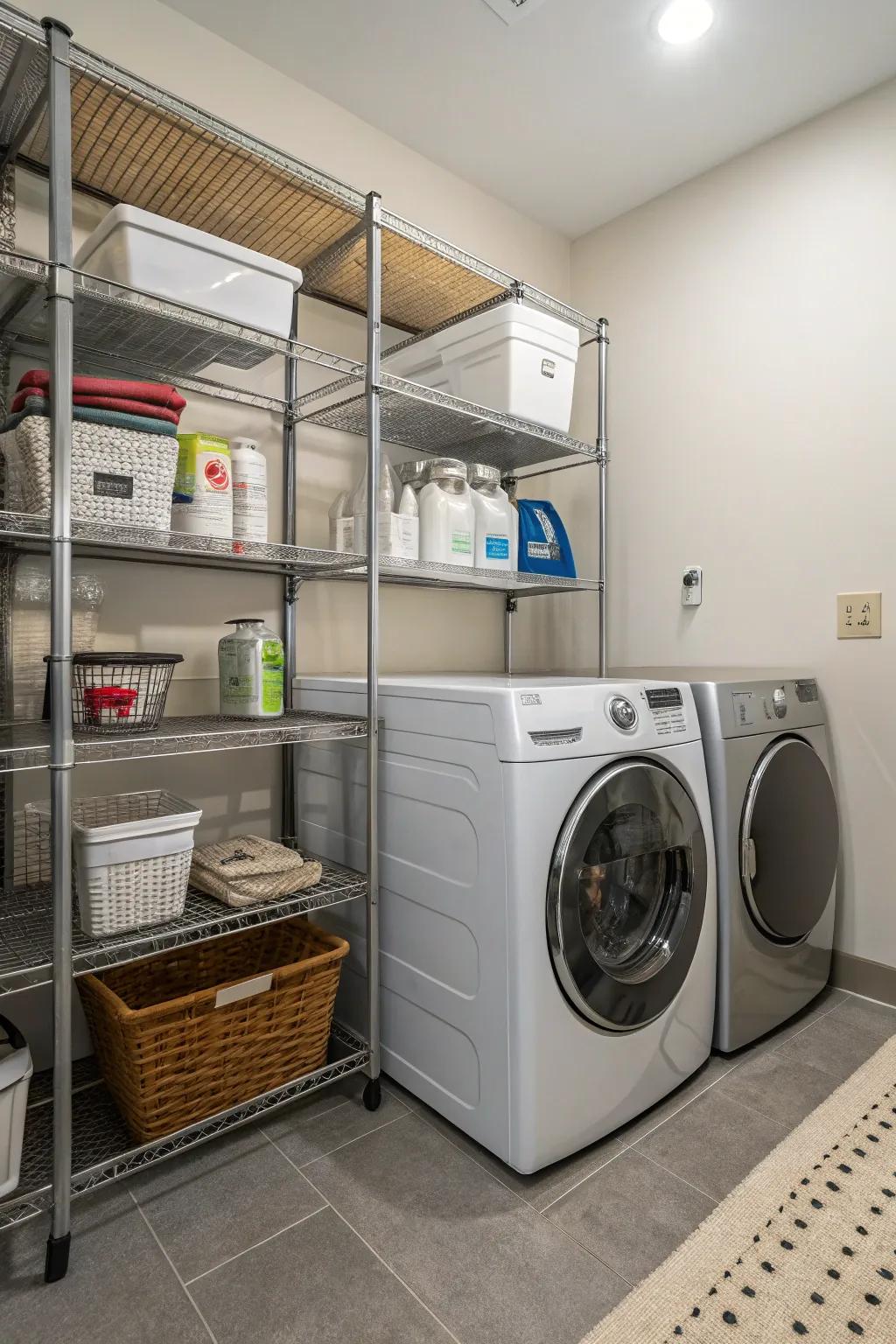 Metal shelves offer a modern and durable storage solution.