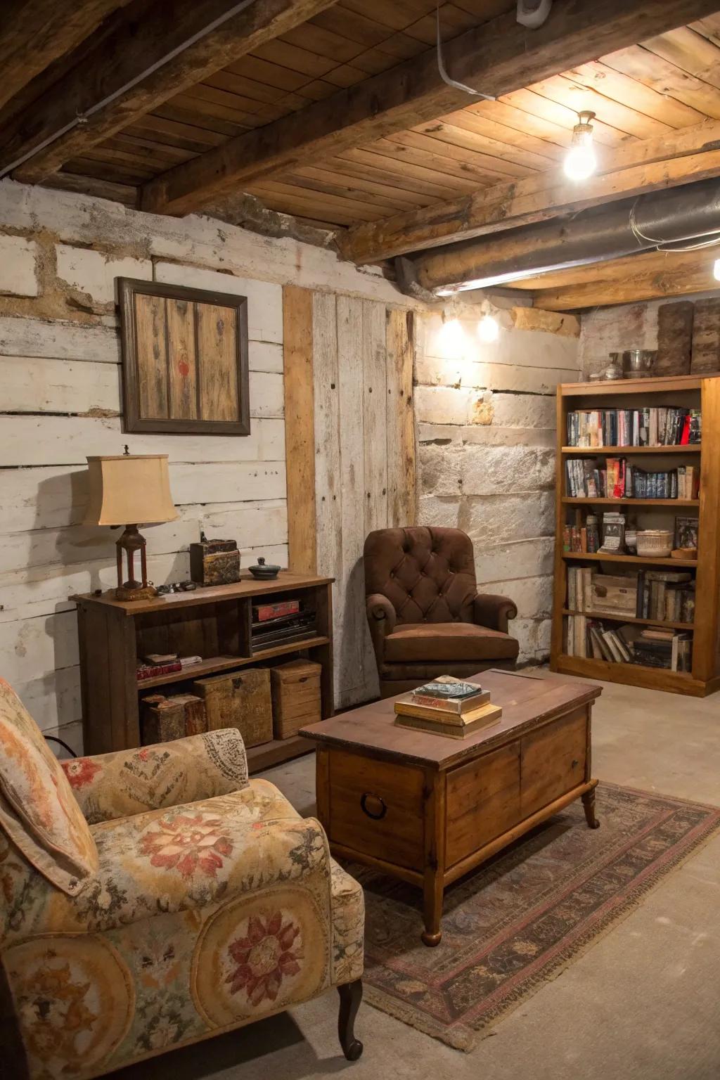 A vintage-inspired basement featuring weathered board and batten walls.
