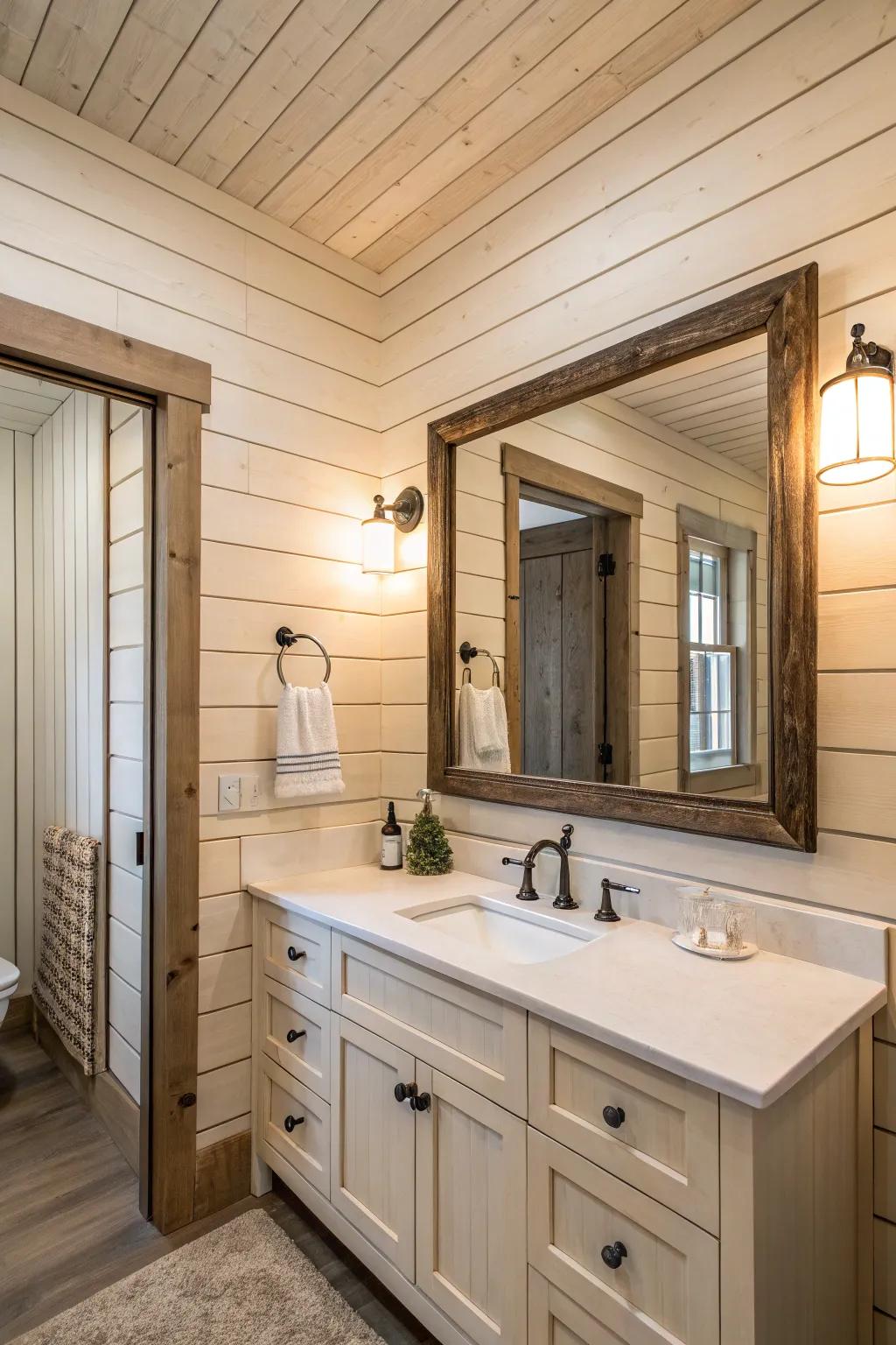 A bathroom with a panel backdrop for a statement mirror.