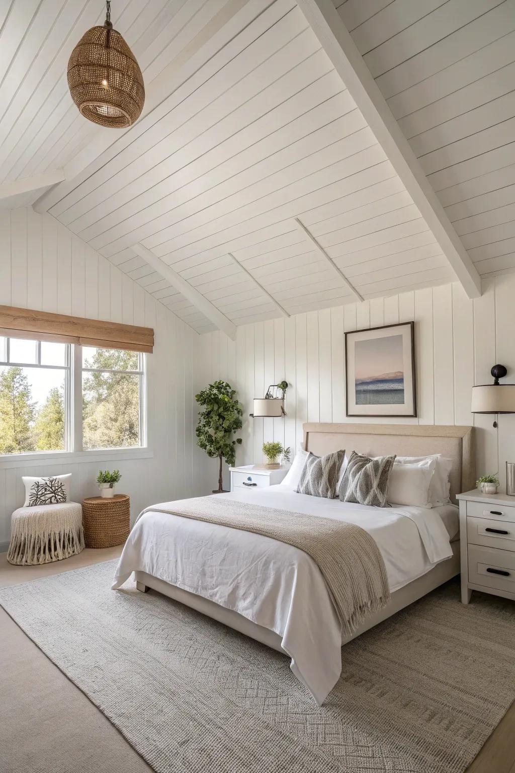 A simple aesthetic amplified by a white plank ceiling.
