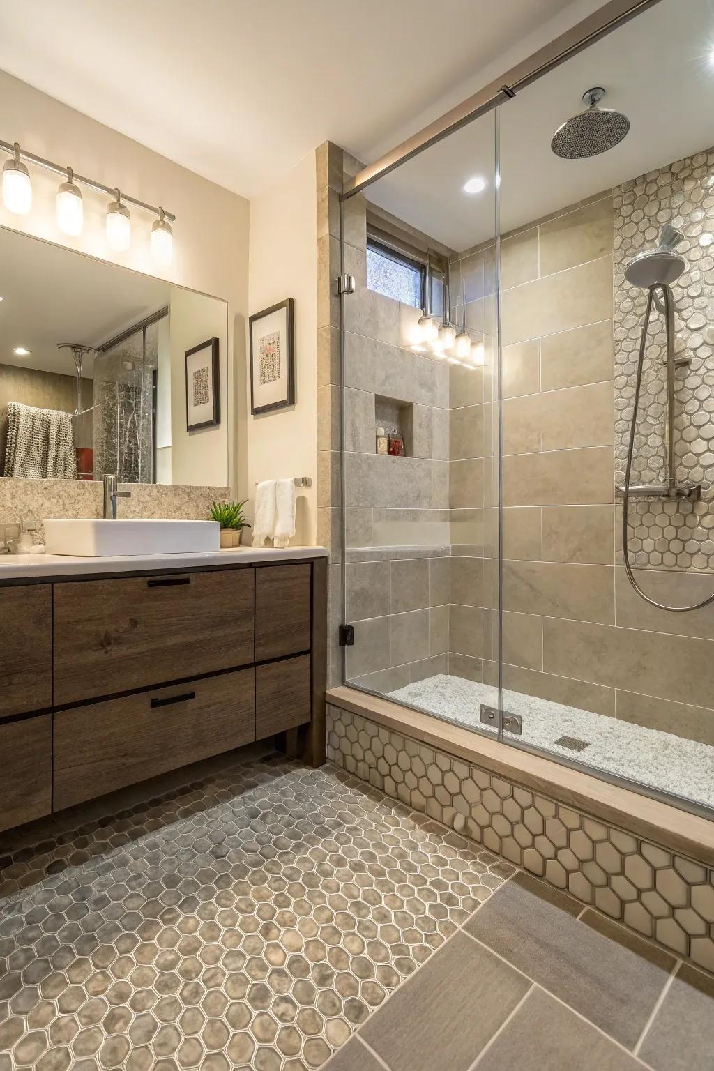 Layered blocks provide depth and intrigue to the shower zone.