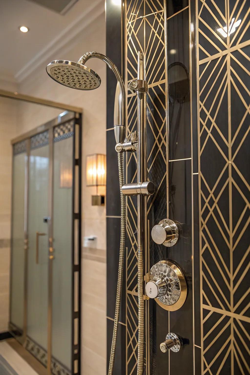 A shower with Art Deco-inspired geometric designs and metallic finishes.