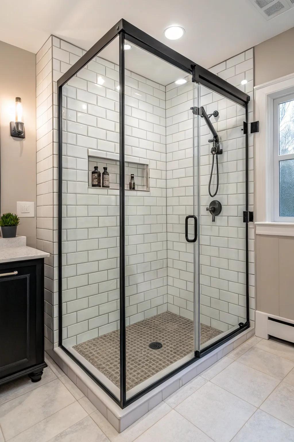 Sophistication and contrast are added to this shower design with black frames.