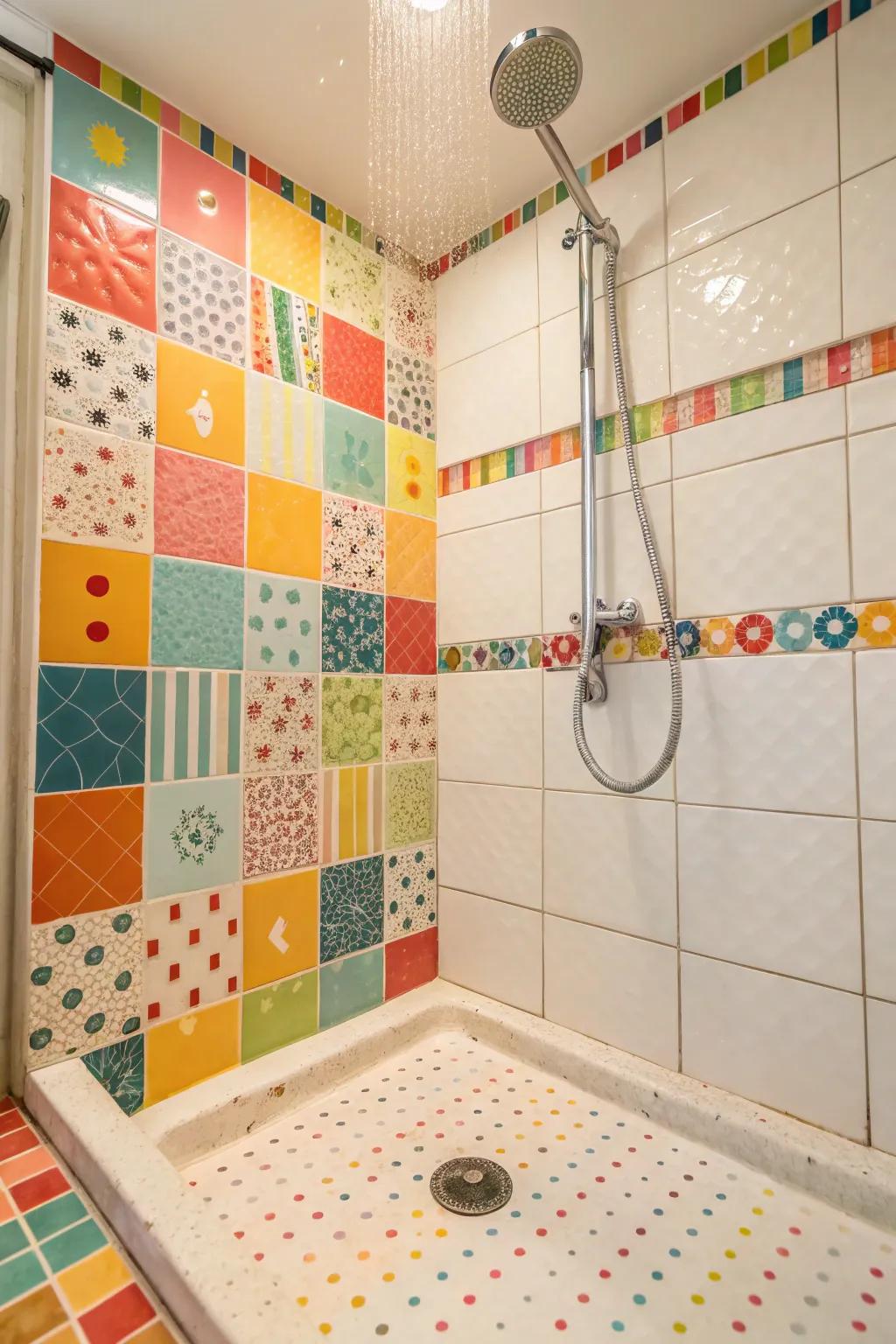 A shower base with a vibrant mix of brightly hued tiles for a spirited and energetic appearance.