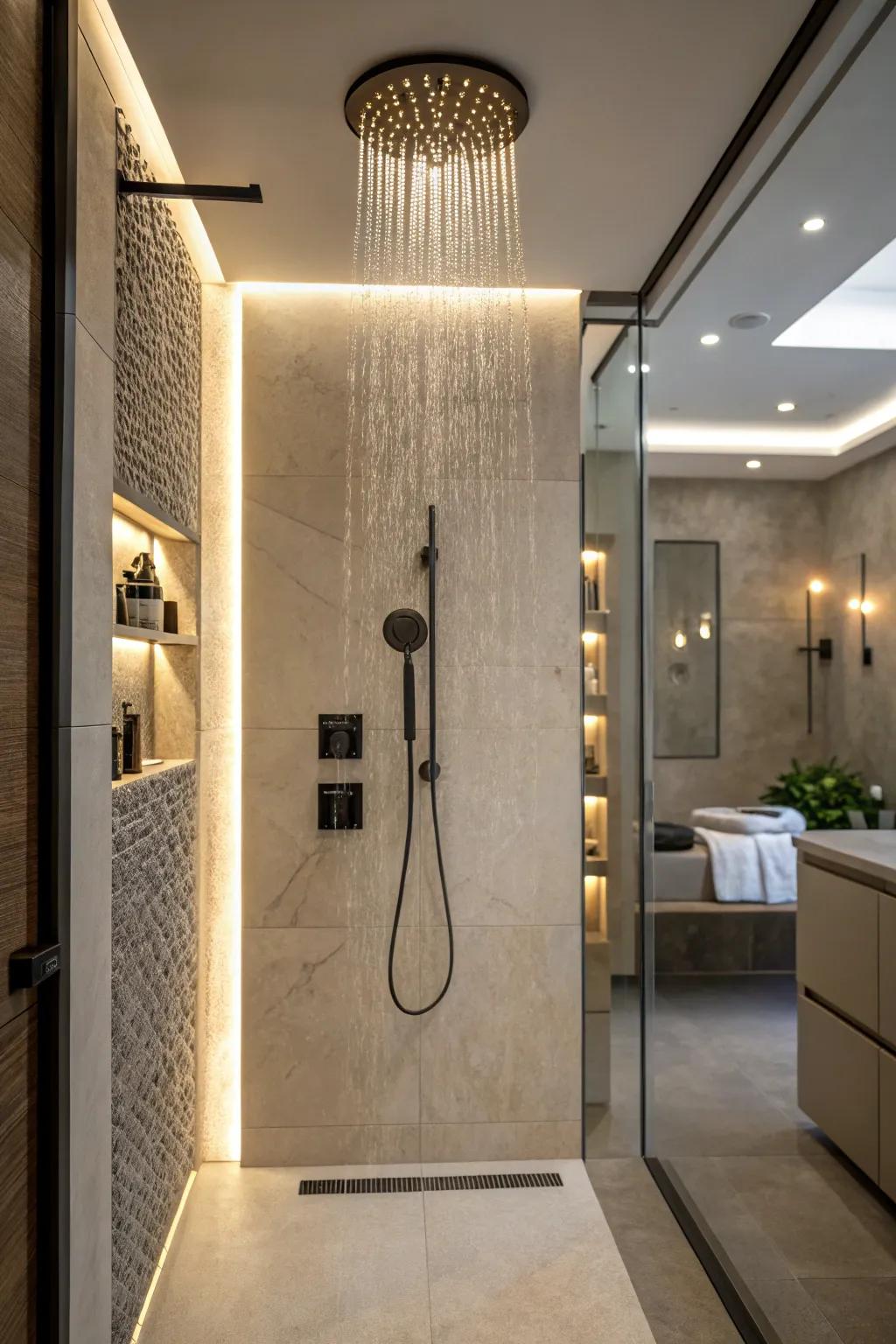 A shower room using highlight lighting to show off its design features.