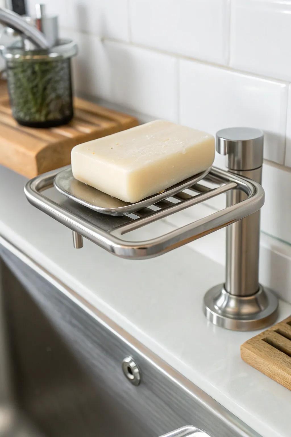 Magnetic accommodations maintain soap bars arid and accessible.