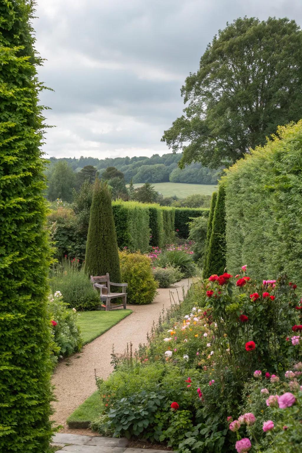 Tall shrubs act as a living privacy screen, enhancing garden seclusion.