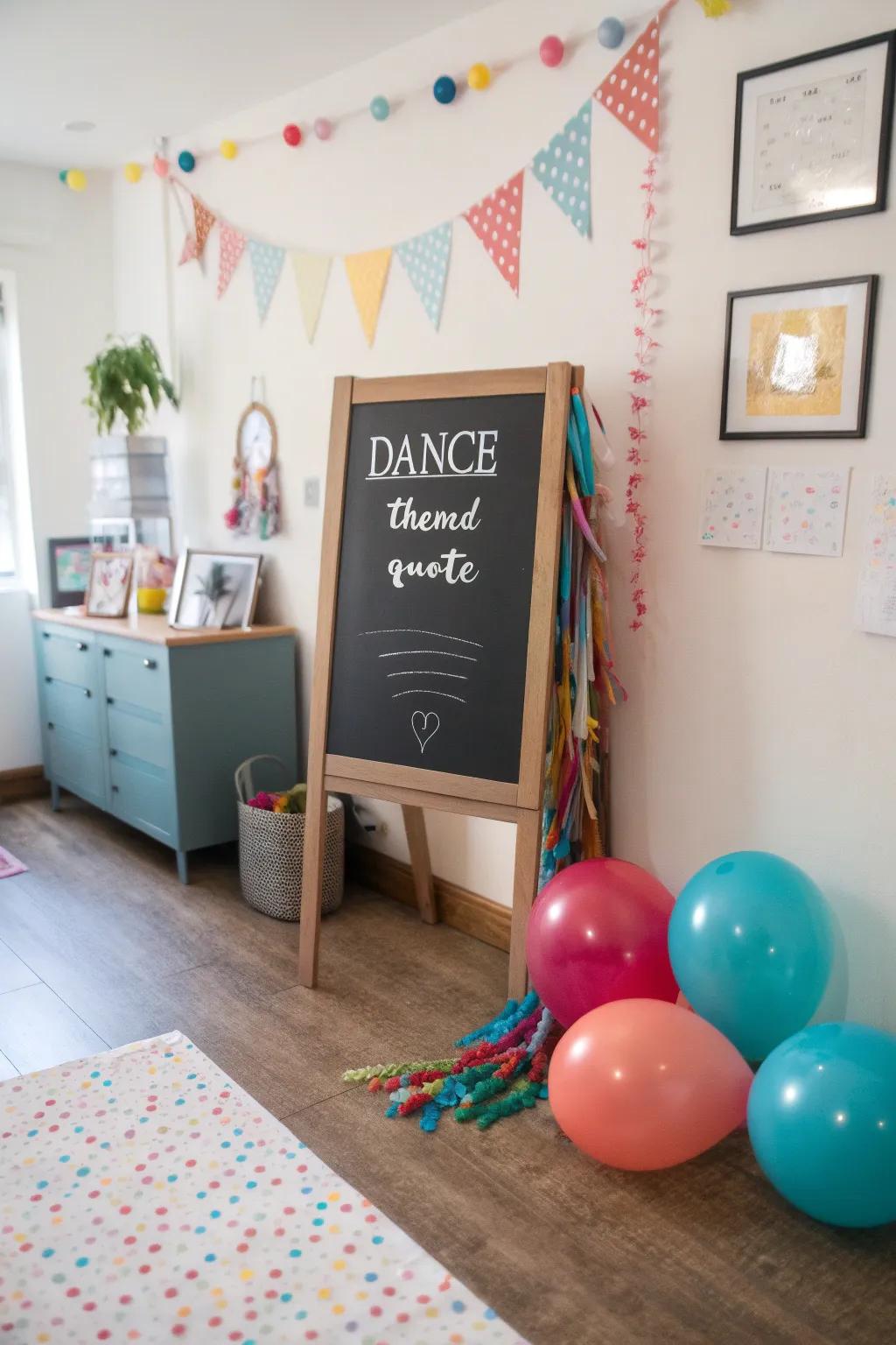 Playful room chalkboard featuring a dance-inspired quote.