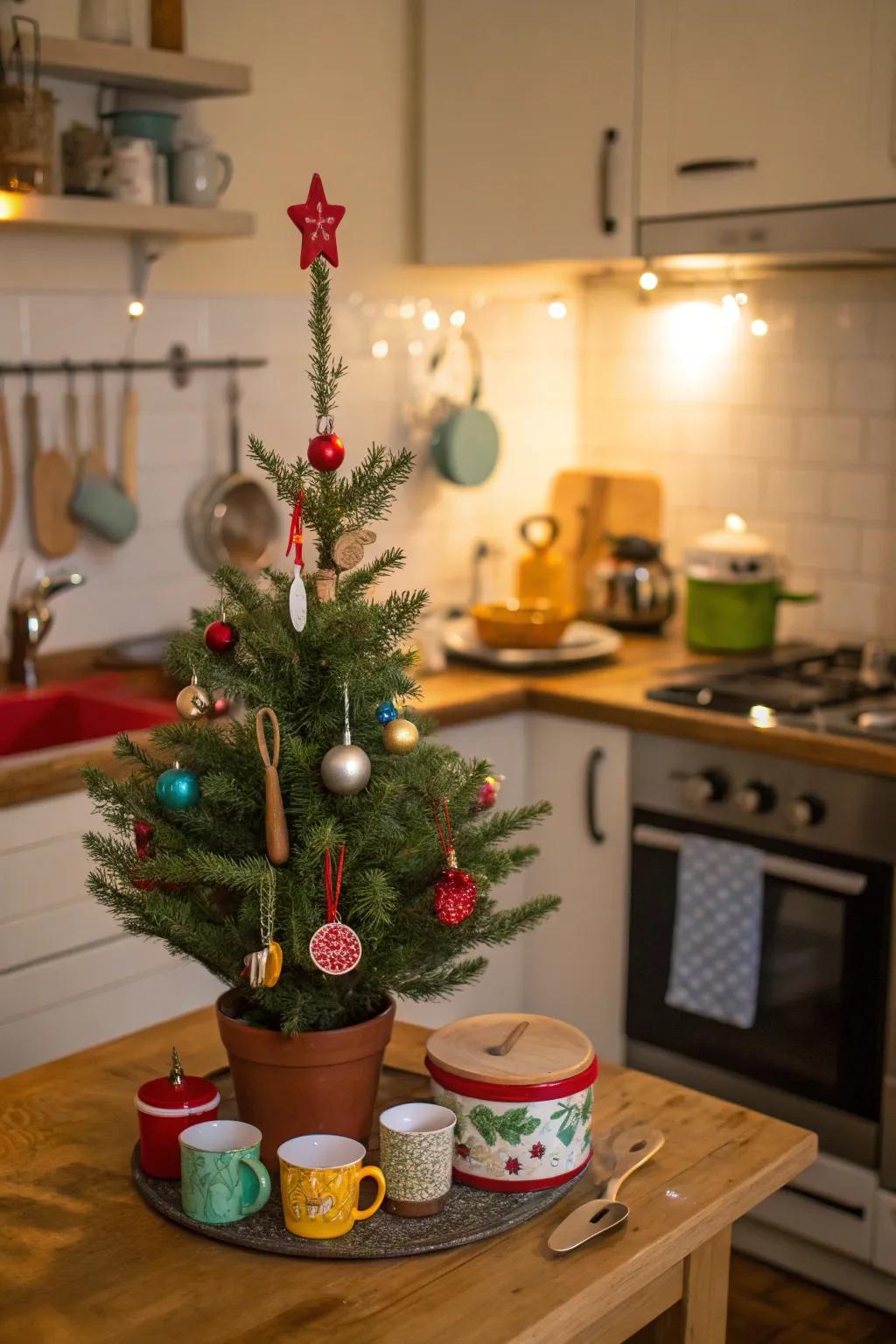 A small tree brings festive cheer to the kitchen.