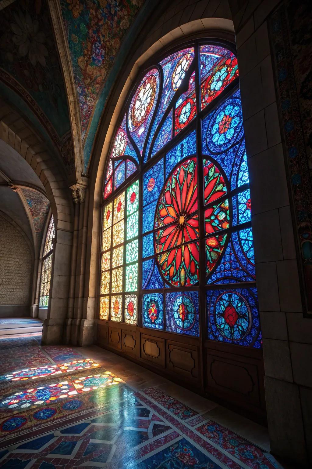 A stained-glass window with fractal designs casts a magical performance of hues.