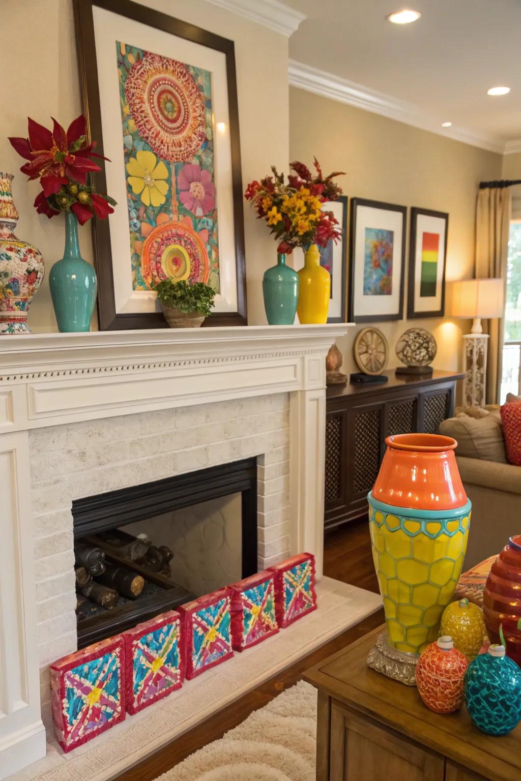 Colorful emphases contribute vibrancy to this everyday mantel.