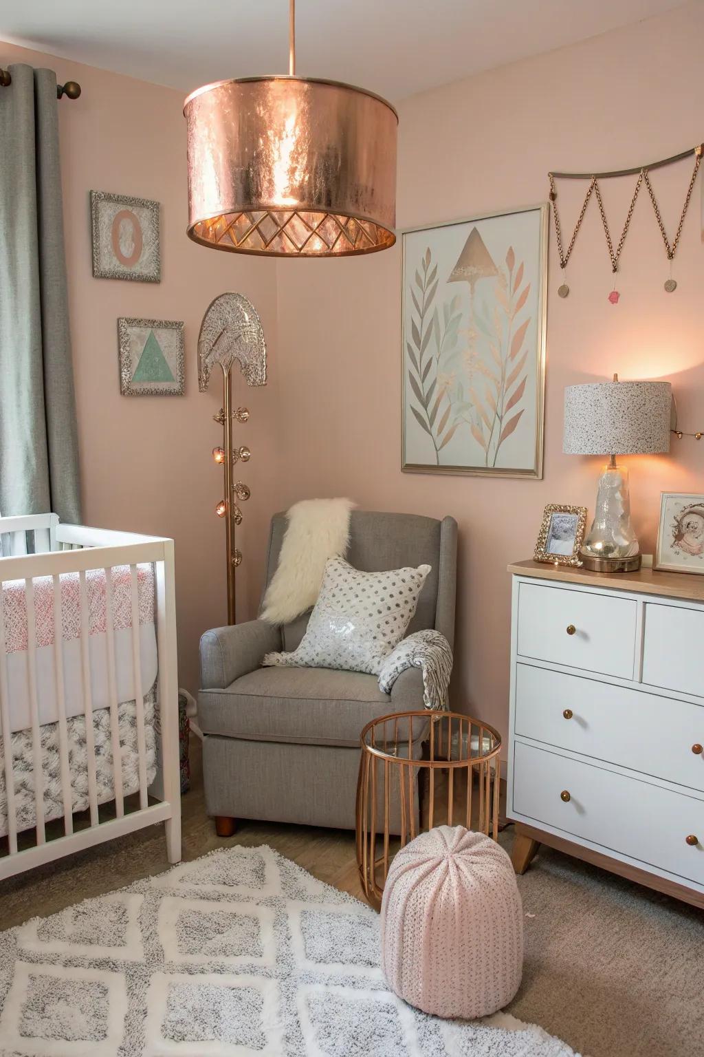 Metallic accents contribute a sophisticated radiance to the nursery's ambiance.