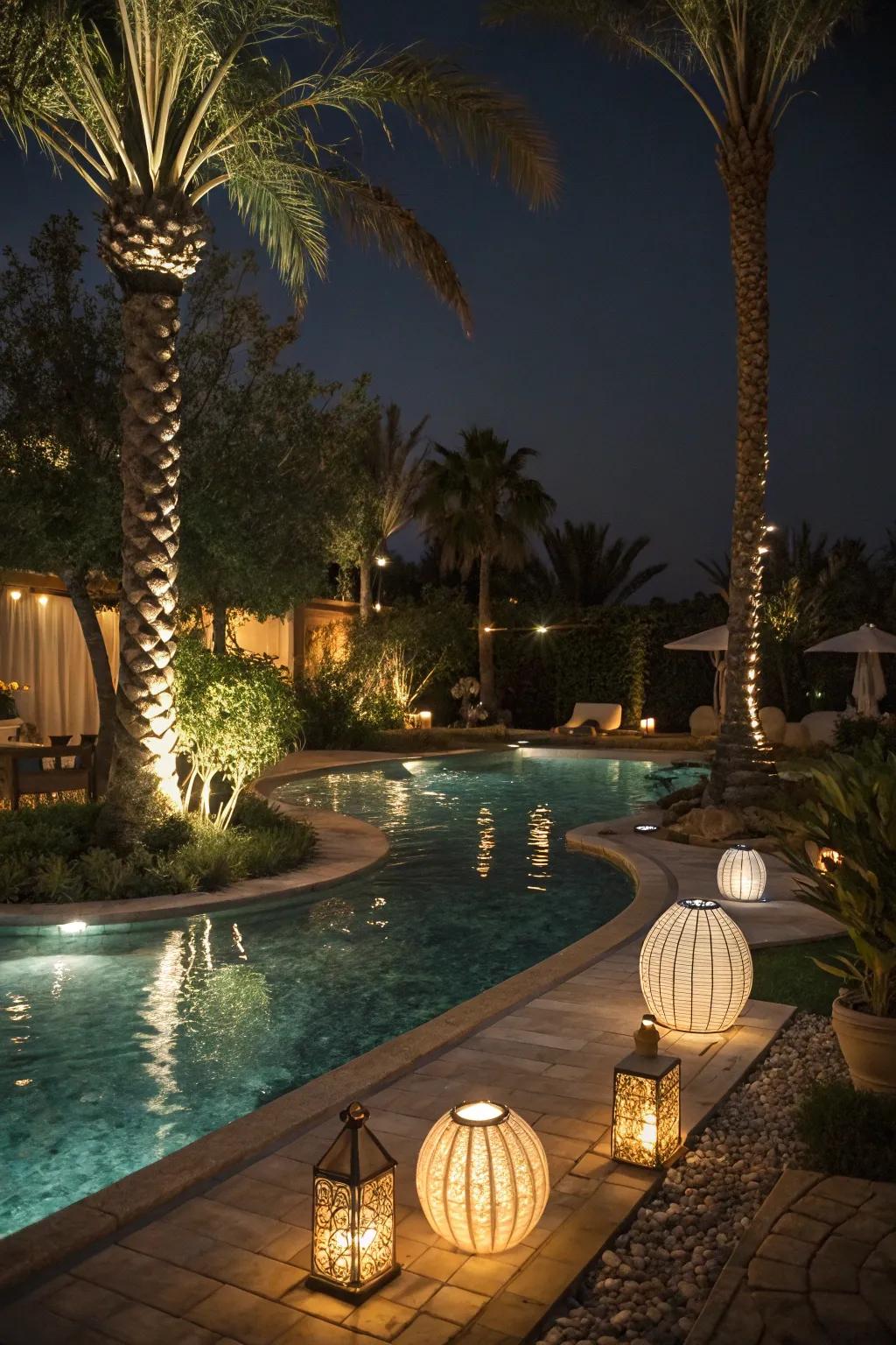 Creative lamps transforming the pool zone into a magical space at night.