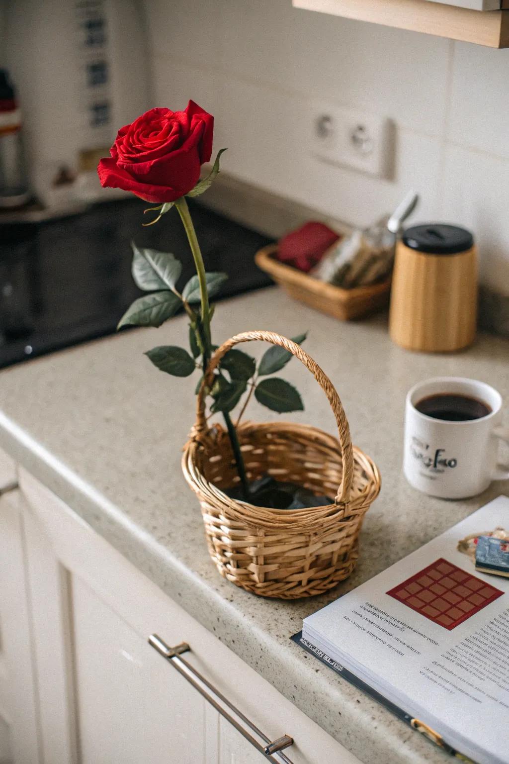 A wicker container offers a natural setting for a single rose.