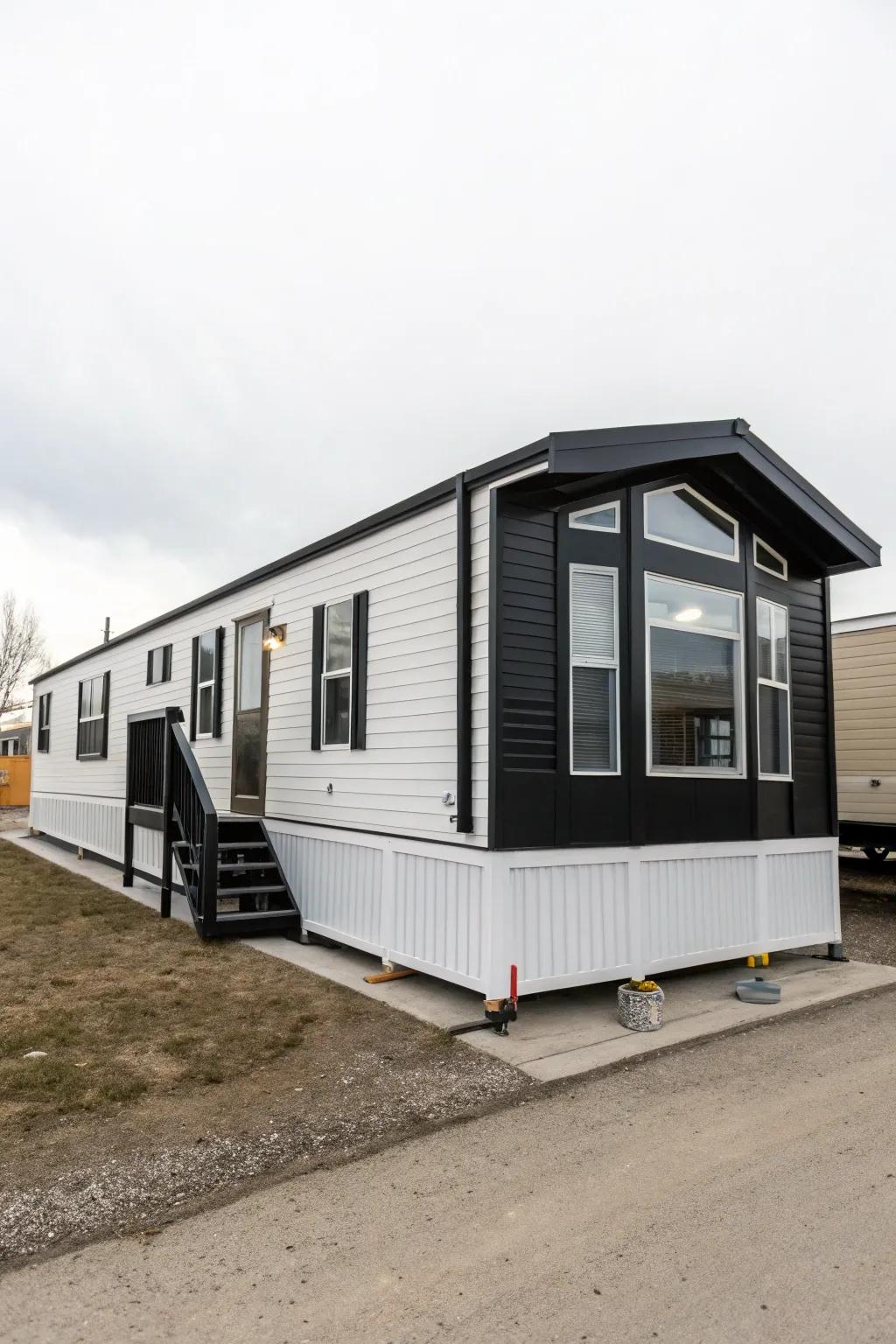 Crisp onyx and chalk create a striking, modern look for your mobile home.