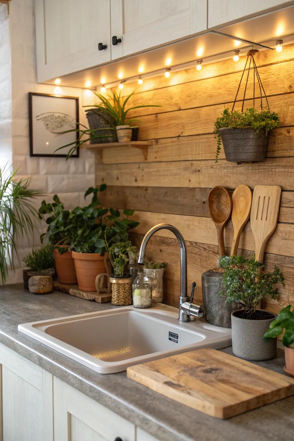 Comforting timber panels contribute a rustic and natural essence to the kitchen.