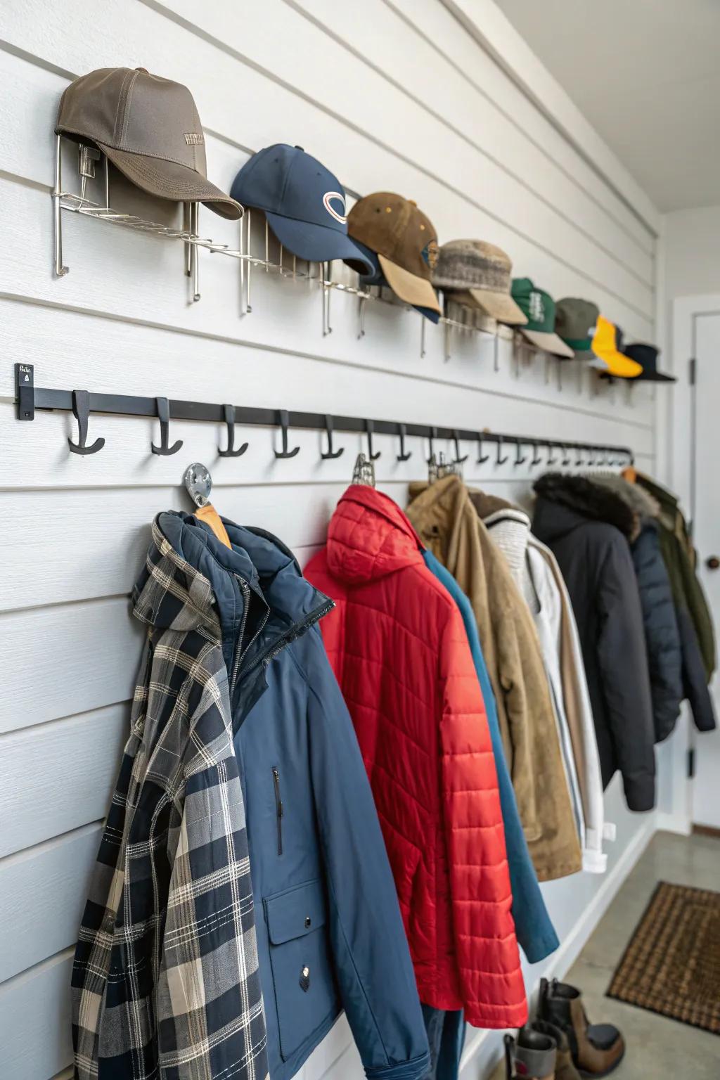 Outerwear is kept tidy and accessible with garment hooks on a slatwall.
