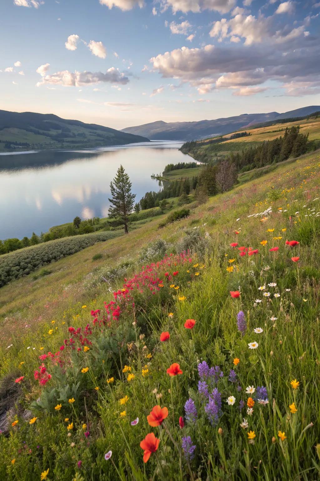 Vibrant wildflowers bring vibrancy and color to the lakeside landscape.