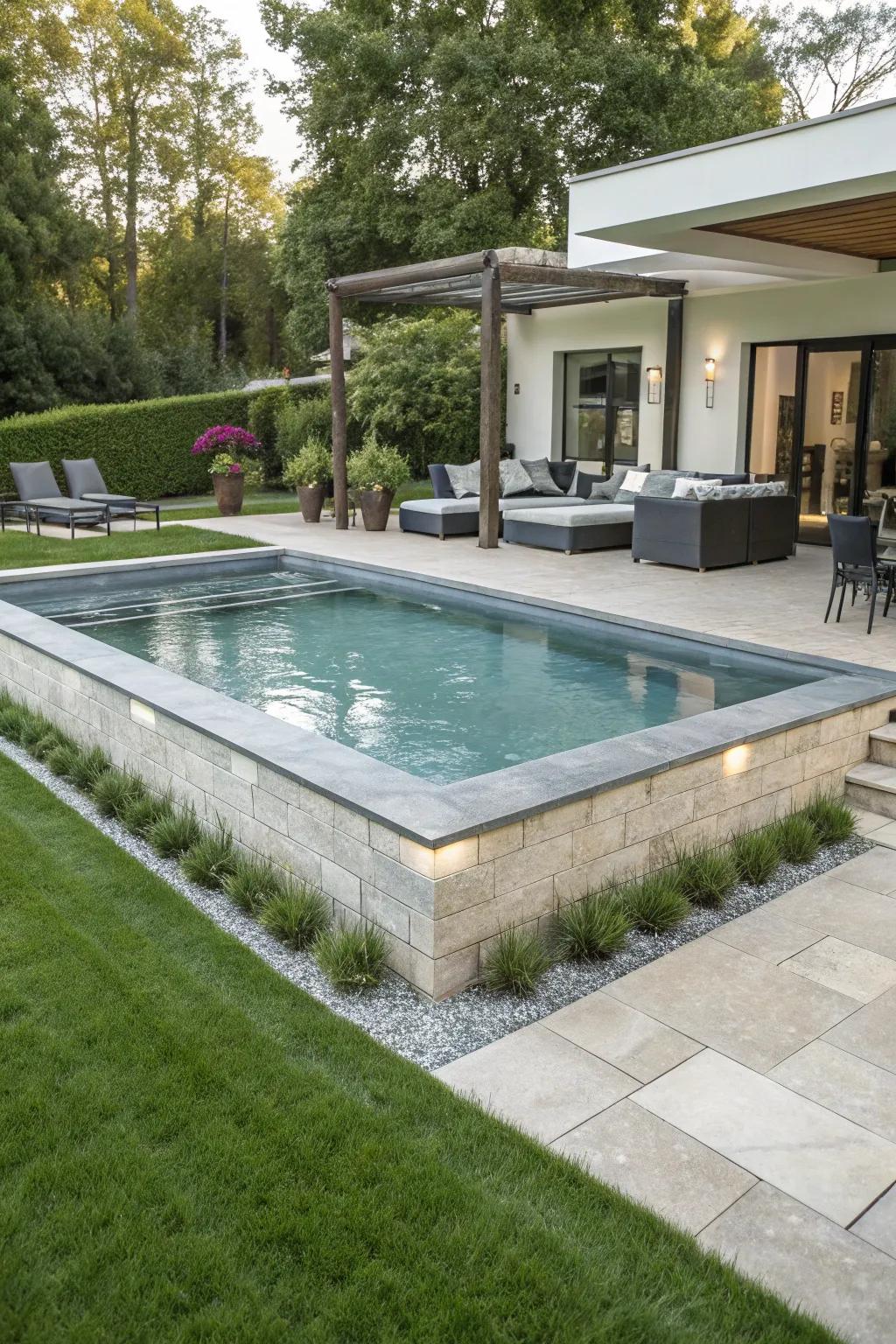 A sophisticated semi-in-ground pool beautifully integrated.