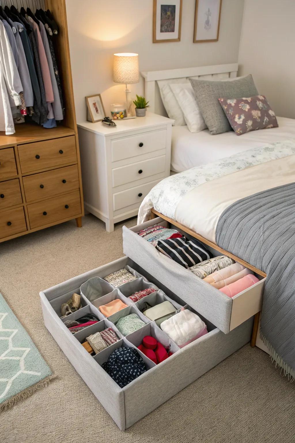 Under-bed storage is great for keeping things you don’t need right now out of sight.