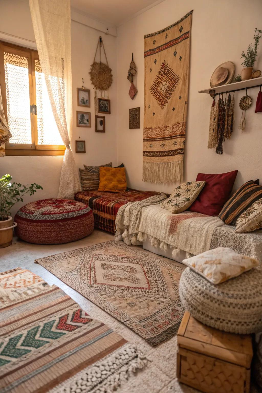 Mixed textures create richness and coziness in a compact space.