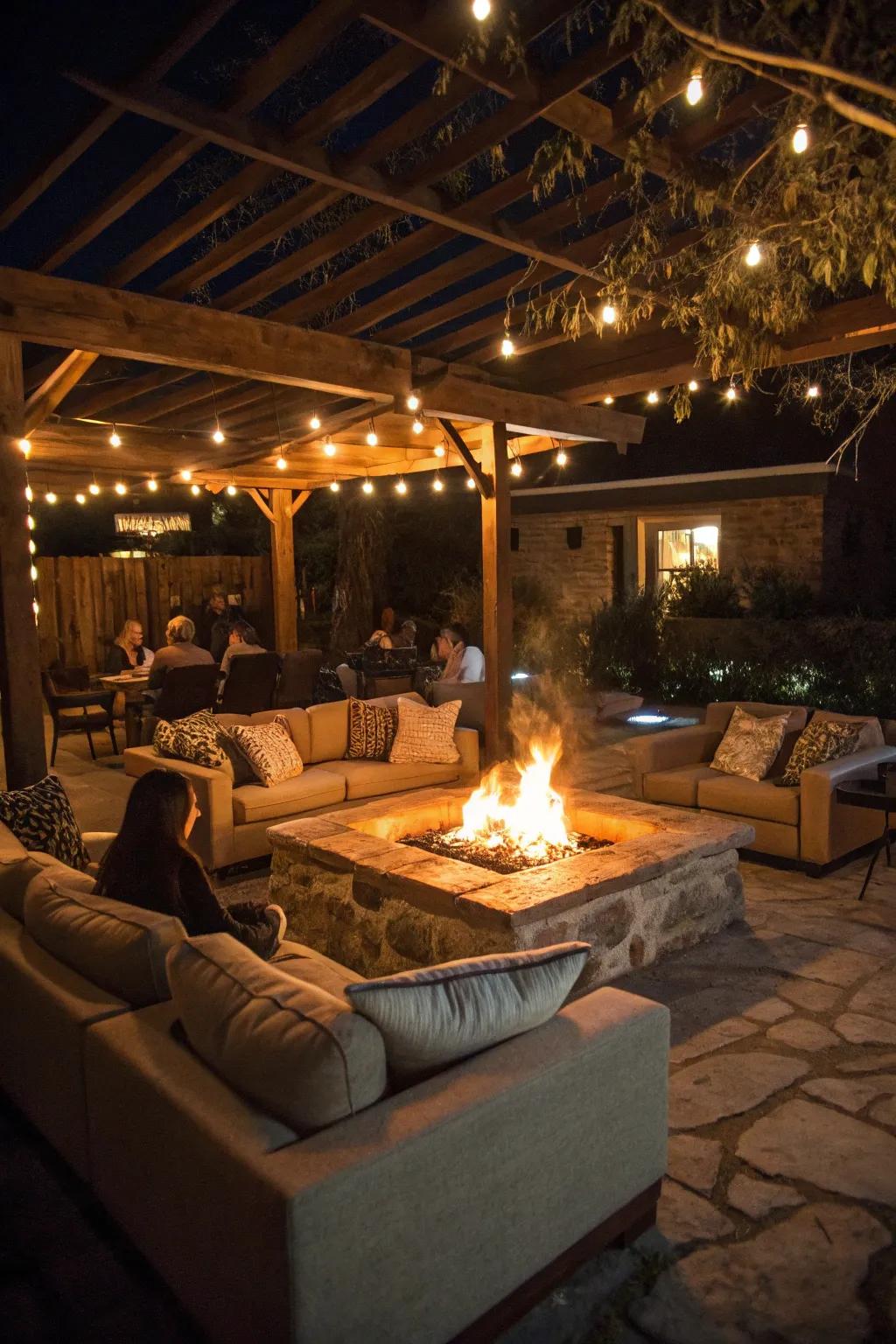 A recessed fire pit zone offers a unique and sheltered seating experience.
