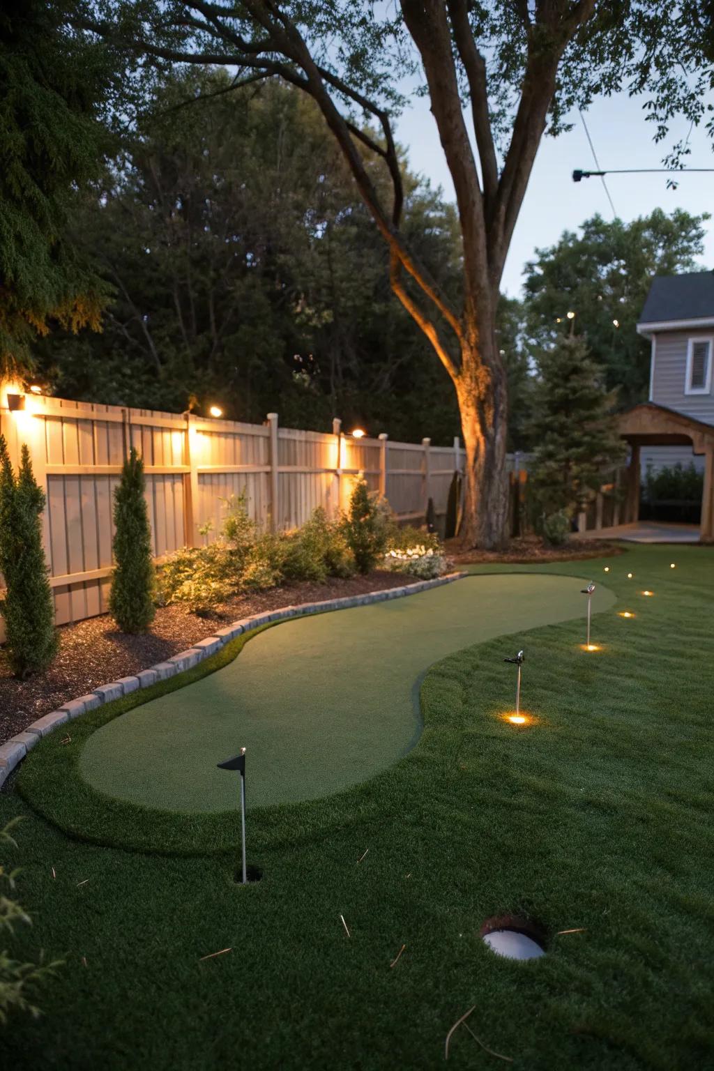 A backyard putting green beautifully lit for evening enjoyment.