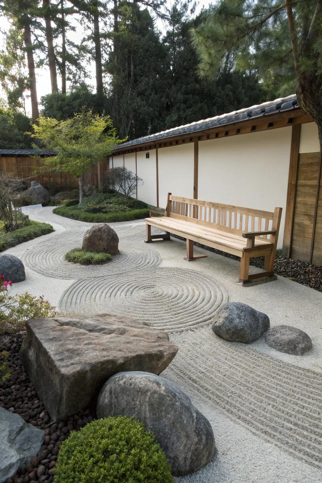 A zen garden presents a simple timber bench, perfect for meditation and relaxation.