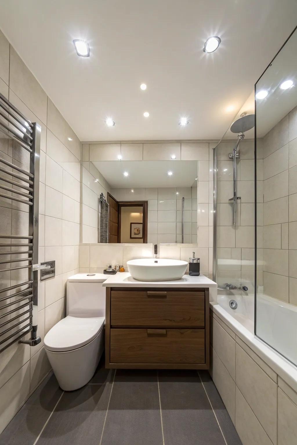 Overhead lighting keeps your bathroom bright without visual clutter.