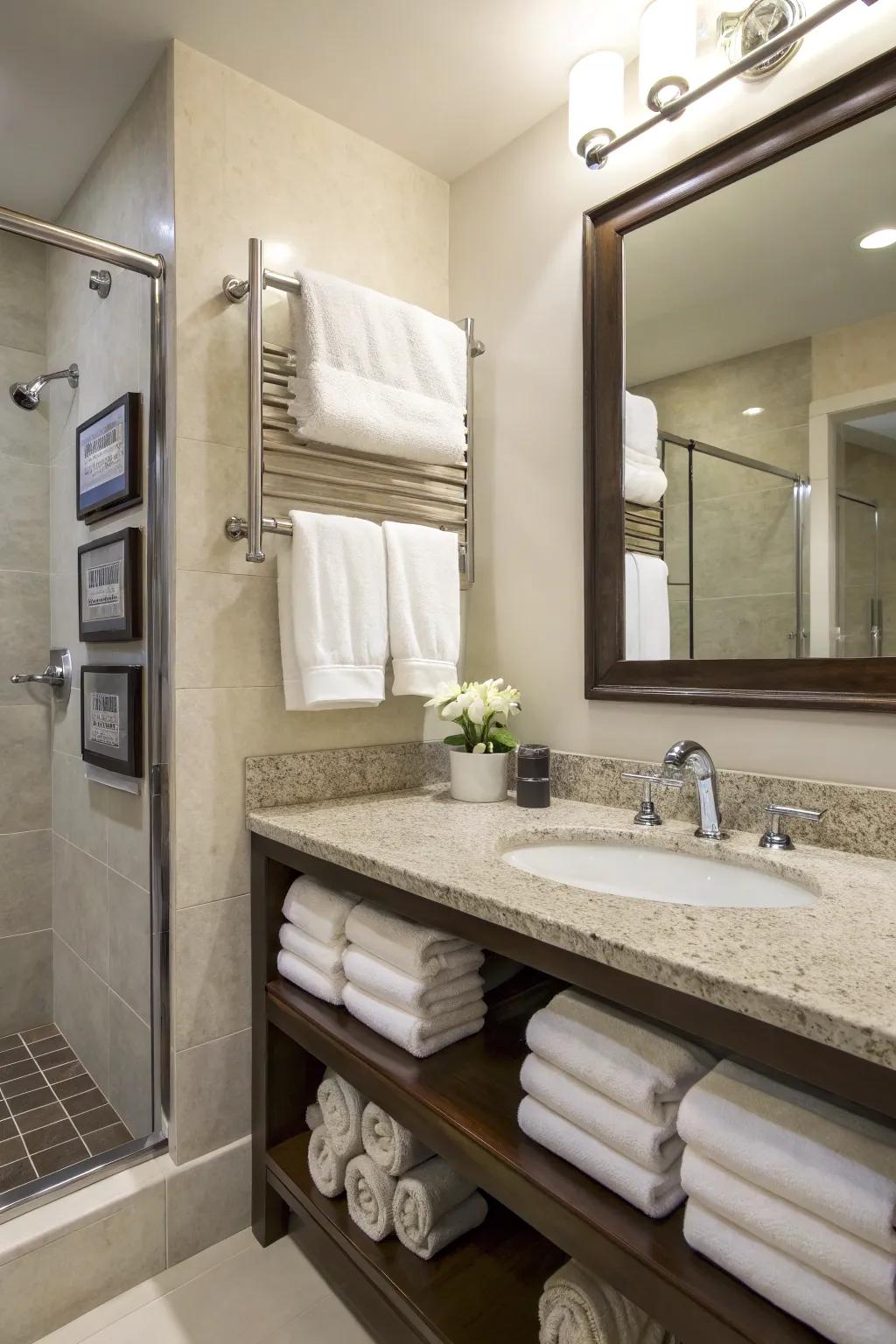 Easy storage with adjustable towel rods.